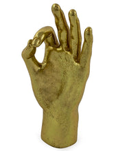 Load image into Gallery viewer, gold ok hand giving us life, talisman to make us feel ok, 15cm tall, resin gold leaf, ok rock on hand gesture symbol 
