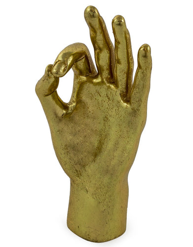gold ok hand giving us life, talisman to make us feel ok, 15cm tall, resin gold leaf, ok rock on hand gesture symbol 