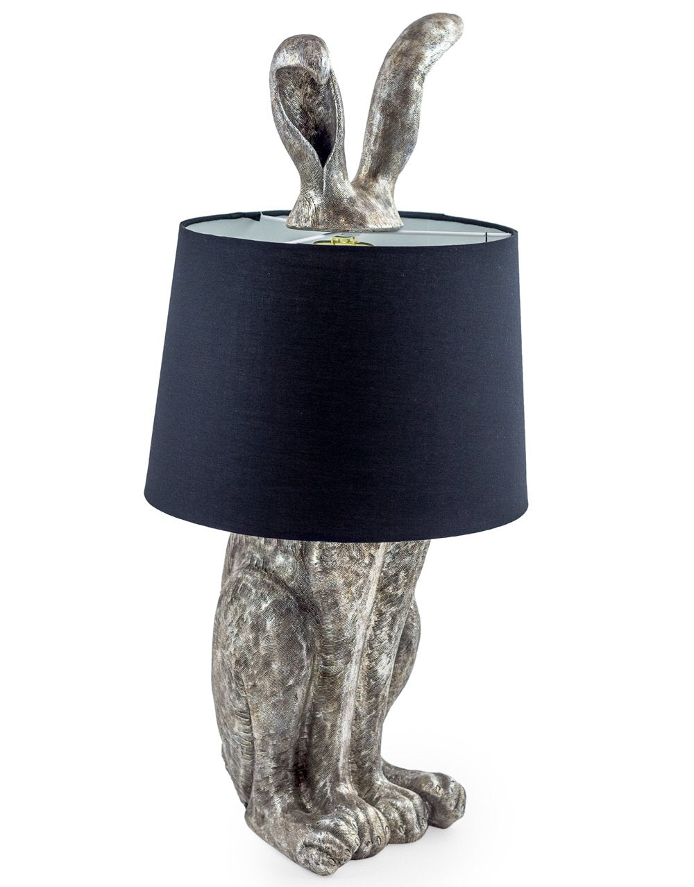 ANTIQUED SILVER RABBIT LAMP WITH BLACK SHADE