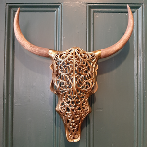 Antique Gold and Wood Tribal Bison Wall Head